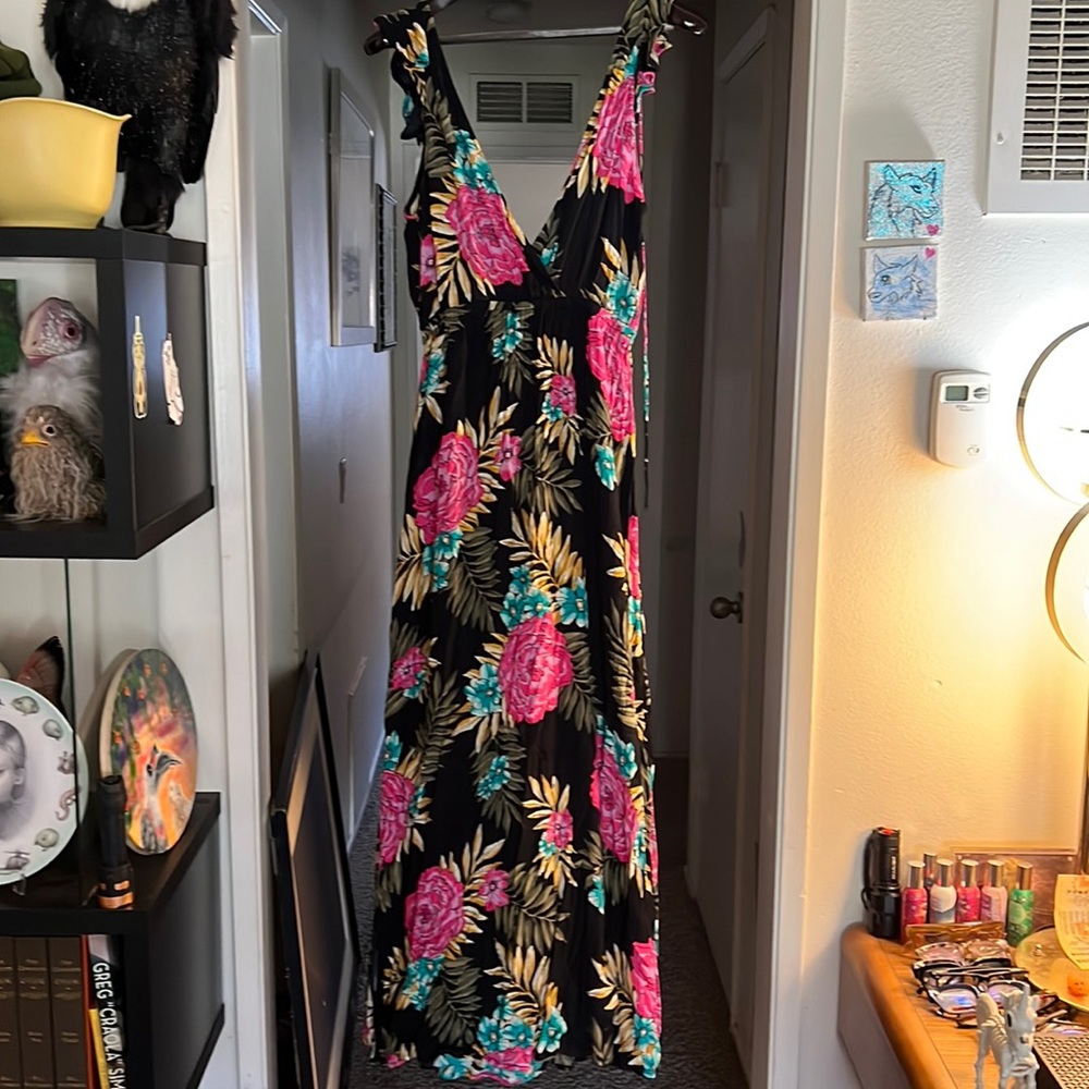 Billabong Black Maxi Dress with Pink Floral Print
